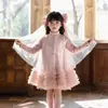 Vestido de menina 2026 outono novo estilo lantejou laço tule vestido princesa moderno vestido bufante vestido colete