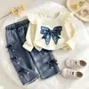 Comercio Exterior Primavera y Otoño Ropa Infantil para Niñas Top con Lentejuelas y Lazo + Jeans Retro de Pierna Ancha Estilo Escolar Fábrica de Origen