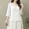 Camiseta de Algodón y Lino Bordada con Cuello en V Artístico Vintage para Mujer, Suéter Casual Holgado, Top Adelgazante
