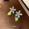 Brincos de flor de zircônia super brilhantes com gota de óleo de limão, agulha de prata, brincos versáteis da moda, brincos de luxo leve de alta qualidade para mulheres