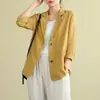 Blazer feminino simples e estiloso de manga comprida Dongdaemun coreano, jaqueta curta casual de algodão e linho para outono e inverno