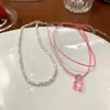 Collar de Oso de Peluche Rosa Perla Lindo de Doble Capa Diseño de Nicho Cadena de Clavícula en Capas Accesorio para el Cuello