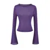 Blusa de Tricô Puremente Sedutora com Gola Redonda, Manga Longa Flare, para Mulheres, Levemente Transparente, Curta, Ajuste ao Corpo, Sexy, Camisa Base Hot Girl