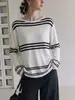 Suéter de Tricô Listrado com Cor Contrastante de Manga Longa Estilo Old Money Vintage para Mulheres, Design Casual de Verão, Caimento Solto, Versátil Top de Proteção Solar