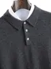 Suéter de cachemira 100% pura para hombre con cuello polo, suéter de punto pullover de manga larga, camisa base lisa color sólido para negocios casual