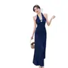 Vestido Largo Floral de Encaje Francés con Cuello Halter Diseño Ceñidor de Cintura Veraniego Vestido Largo de Vacaciones Nuevo Azul