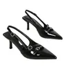 Zapatos de tacón alto sin espalda de punta fina con doble hebilla estilo francés 130-5, tacón de aguja de charol brillante de 5.7 cm, zapatos de vestir para el trabajo, sandalias, zapatos de mujer