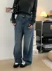 Jeans vintage de pierna recta azul lavado para mujer, corte relajado, cintura alta, adelgazantes, pierna ancha, pantalones de largo hasta el suelo