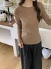 Novo top de malha seamless 100% lã Merino fiada fina com padrão ondulado, sem costura, de pressão zero, para mulheres, corte justo para o outono