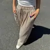 Calça de Verão Nova Europeia e Americana Listrada de Perna Larga para Mulheres 2026, Cintura Alta com Cordão, Solta, Casual, com Bolsos