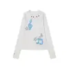 Camiseta de Manga Larga con Bordado de Nota Musical Estilo Americano, Botones de Colores, Hombro Normal, Top Corto Adelgazante para Mujer, Diseño de Otoño