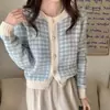 Estilo Suave Roupa Curta Outono Novo Amor Pied-de-poule Suéter de Manga Longa Casaco Cardigã de Tricô para Mulheres