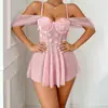 Camisón de estilo princesa con malla floral tridimensional, puro y sensual, transfronterizo, con diseño de hombros descubiertos, mangas abullonadas y varillas para un atractivo adicional