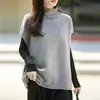 Colete de tricô casual de lã pura de comprimento médio com gola semifechada para mulheres, suéter colete solto sem mangas para camadas para outono e inverno