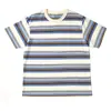 Camiseta Casual Versátil Colorida Azul Retrô Anos 50 com Listras Coloridas Estilo Americano Antigo Manga Curta Top de Manga Curta