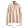 Suéter de cashmere grosso de sete agulhas para mulheres, com zíper parcial, gola alta, mangas compridas, design de puxar, em cor sólida com padrão de trança e corte solto