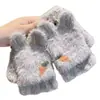 Guantes infantiles de medio dedo con tapa, lindos dibujos animados de Zanahoria Conejo, guantes con gorro, forro polar, cálidos, de moda
