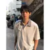 Camiseta masculina de manga curta com gola de lapela xadrez estilo college americano, top da moda de verão com corte solto da marca POLO, estilo moderno de meia-manga