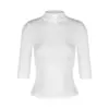 Camiseta Negra Estilo Coreano de Cuello Medio y Manga Media para Mujer Primavera Verano Otoño Elástica Ajustada Manga de Cinco Puntos Capa Base Top Interior