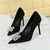 9511-K58 Zapatos de banquete para mujer, tacones altos, stiletto, gamuza, boca baja, puntiagudos, cuarteto, hebilla de diamante, tacón súper alto, zapatos individuales para mujer