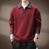 Camisa tipo polo de mezclilla pesada de alta gama con bloques de color, estilo falso dos piezas, para hombre, Otoño, Retro Americano, corte holgado, sudadera con cuello de solapa para hombre
