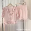 Pijama de Verano Nuevo Estilo con Cuello de Solapa y Lazo, Manga Corta y Pantalones Cortos para Mujer, Exquisito y Sencillo Set de Ropa para el Hogar de Color Sólido para Mujer
