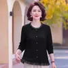 Nova moda de outono roupa de mãe elástica segunda pele top estiloso que afina gola redonda camiseta manga longa para mulheres de meia-idade e idosas