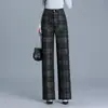 Calça xadrez elegante de lã de perna larga para mulheres, novo estilo outono e inverno 2026, cintura alta, fluida, calça casual longa de perna reta