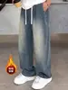 Jeans para hombre para otoño e invierno, marca de moda estilo americano, pantalones rectos con forro polar, pantalones largos casuales holgados de pierna ancha vintage para hombre