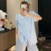 Conjunto de Pijama de Encaje Azul Rayado para Mujer Verano Manga Corta Pantalones Cortos Conjunto Ropa de Dormir para Estudiantes Hogar