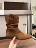 Botas de Mujer Otoño/Invierno 2026 Punta Cuadrada Tacón Grueso Tacón Alto Elegantes Moda Francesa Gamuza Botines Plisados
