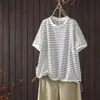 Camiseta de manga corta a rayas de bloques de color, estilo nuevo de verano, holgada y simple, cuello redondo con dobladillo de cordón, top casual versátil al por mayor