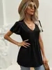 2023 Amazon suministro transfronterizo Europeo y Americano Ropa de casa malla color liso cuello en V corsé manga corta vestido camisa para mujer