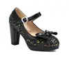 Salto Alto Feminino com Glitter, Bico Redondo com Lantejoulas, Solado Grosso, Salto Grosso, Salto Super Alto, Laço, Fivela de Uma Linha, Sapatos Mary Jane Femininos