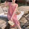 Camisola de Gaze de Algodão Bolha com Alças Finas para Mulheres Primavera Verão Fofa Comprimento Midi Estilo Puro Desejo Pijama para Mulheres Fino Doce Solto Roupa de Casa