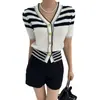 Cardigã de malha curto de verão estilo coreano, gola V, de abotoamento simples, slim fit, para mulheres