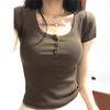 Camiseta de manga corta con cuello redondo y color liso de comercio exterior para mujer, camiseta de verano ajustada con base de hilo pequeño