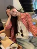 Camisa Xadrez Vermelha Cardigan Francês Camisa Feminina Primavera e Verão Nova Manga Longa Solta Versátil Top Jaqueta