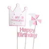 Bolo Coroa moinho de vento rosa azul decoração de aniversário Coroa feliz 100 dias mesa de sobremesas de confeitaria cartão de festa inserção vestir