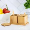 Caja de condimentos de madera de bambú para cocina, recipiente de almacenamiento de condimentos de sal, cocina de restaurante, doble compartimento con cuchara, traje de caja de almacenamiento de condimentos