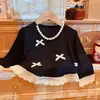 Camiseta de Encaje Dulce con Lazo Estilo Coreano para Niñas Primavera y Otoño Nuevo Top Estilo Ladylike de Manga Larga para Niños