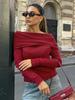 Rojo Angola Escote de Una Línea Hombros Descubiertos Tejido Otoño e Invierno 2026 Moda Europea y Americana Versátil Camiseta de Manga Larga Suéter Ropa para Mujer