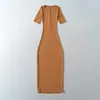Vestido de Cor Sólida com Mangas Médias e Decote em V com Botões Europeu e Americano Sexy Justo Roupa Externa Camada Base Cor Sólida Justo no Quadril Comprimento do Joelho Vestido Longo