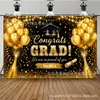 Banner de telón de fondo para fiesta de graduación transfronteriza, telón de fondo negro y dorado "Felicitaciones por la Graduación", fondo de decoración para ceremonia de graduación