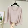 Camiseta de manga tres cuartos para mujer, corte holgado, talla grande, fina, color liso, versátil, top de cuello redondo, modal, principios de otoño