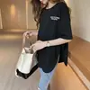 Camiseta Blanca con Abertura para Mujer Talla Grande Manga Media Longitud Media Letras de Moda Verano Sencilla Cuello Redondo Top Pulóver para Mujer Moderno