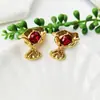 Brincos Vintage de Luxo Banhados a Ouro Real Flor Vermelha Stud Flor Dobrada Laço Brincos Pino de Prata C225