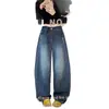 Jeans Vintage de Pierna Ancha de Tiro Alto Azul Profundo Estilo Europeo para Mujer, Ajuste Holgado Primavera y Verano, Adelgazantes, Versátiles, Dobladillo Curvo, Pantalones de Longitud Completa