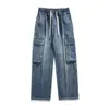 Danboni Outono e Inverno Americano Nova Moda Streetwear Jeans Marca de Moda Roupa de Trabalho Cintura Elástica Bolso Grande Caimento Calças de Perna Larga