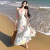 Vestido de Suspensório Color Block Tie-Dye com Patchwork de Renda Estilo Resort para Mulheres, Longo Bodycon Plissado sem Costas para o Verão